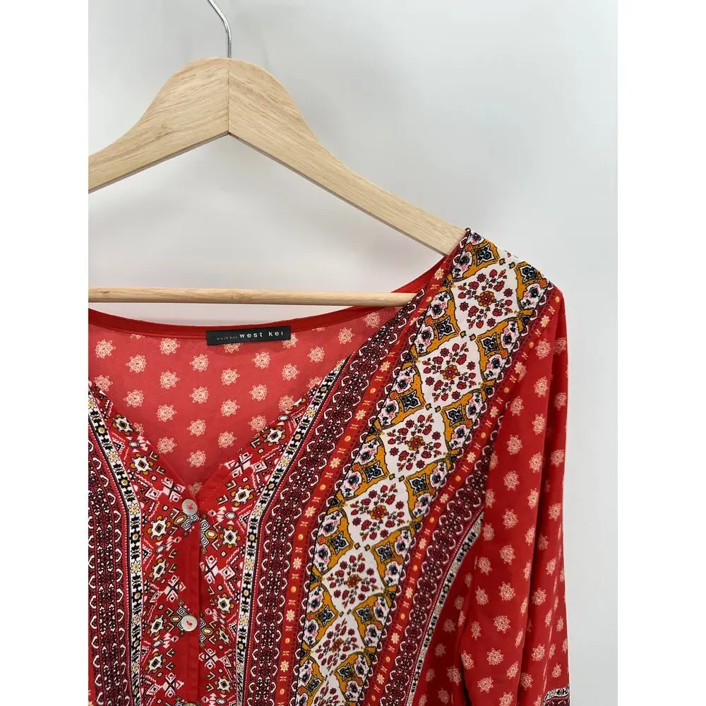 West Kei Top Women LARGE Talina Rust Red Printed V-Neck Tie Front Blouse - Picture 6 of 10